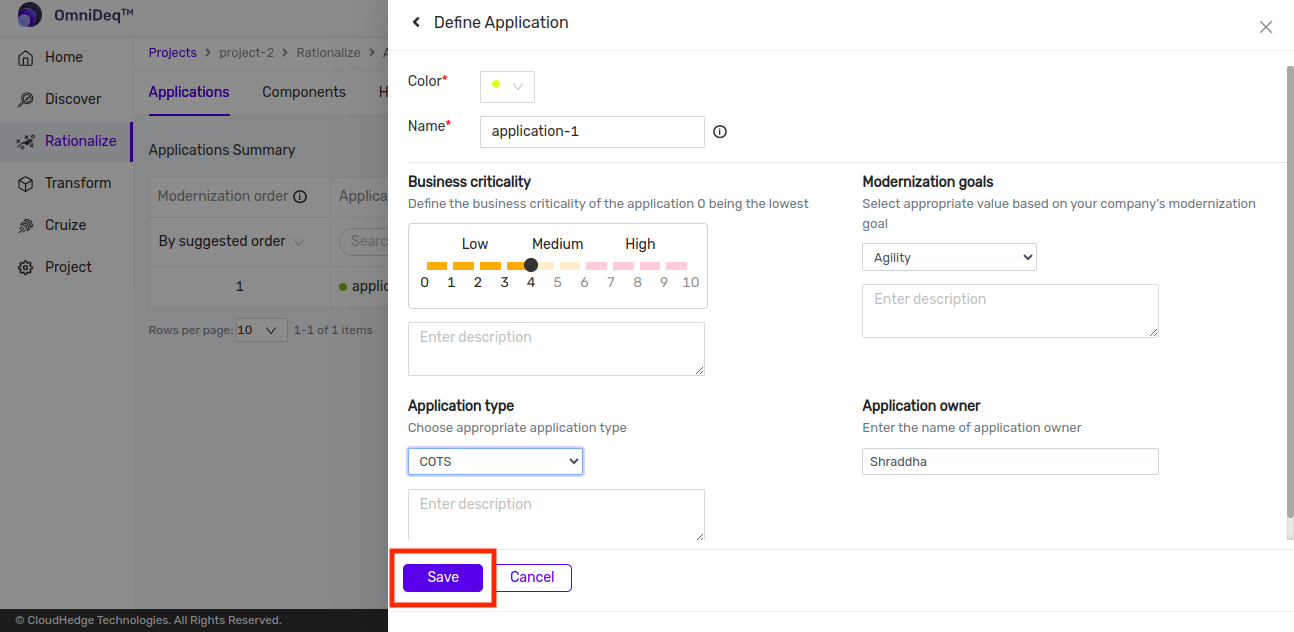 Application Save button