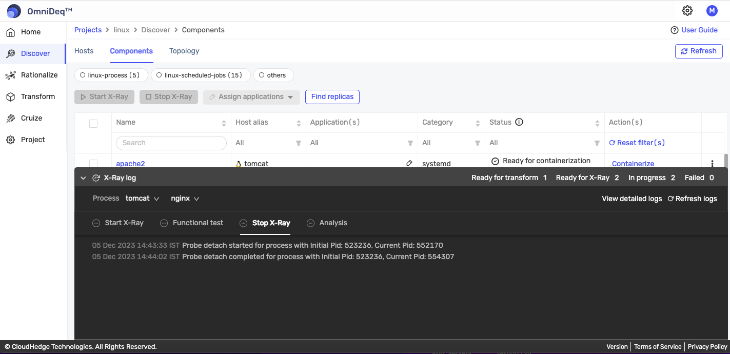Status View: Stop X-ray Logs
