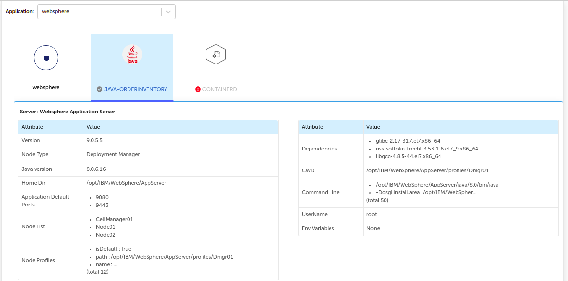 Websphere server information