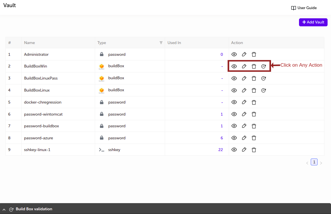 Actions on vault