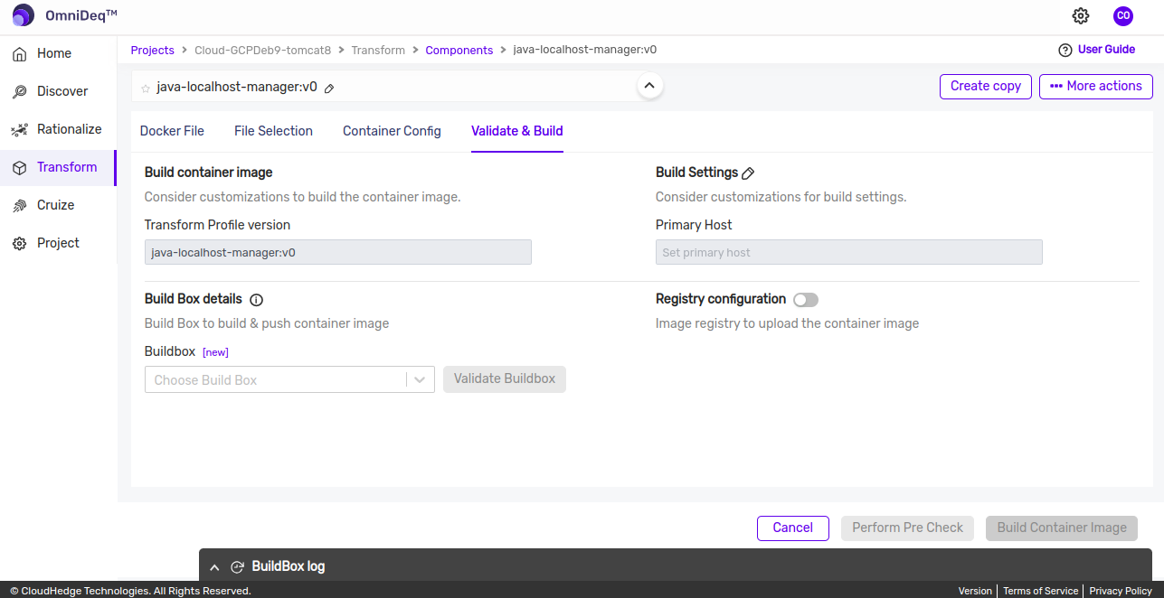 Transform Validate and Build tab