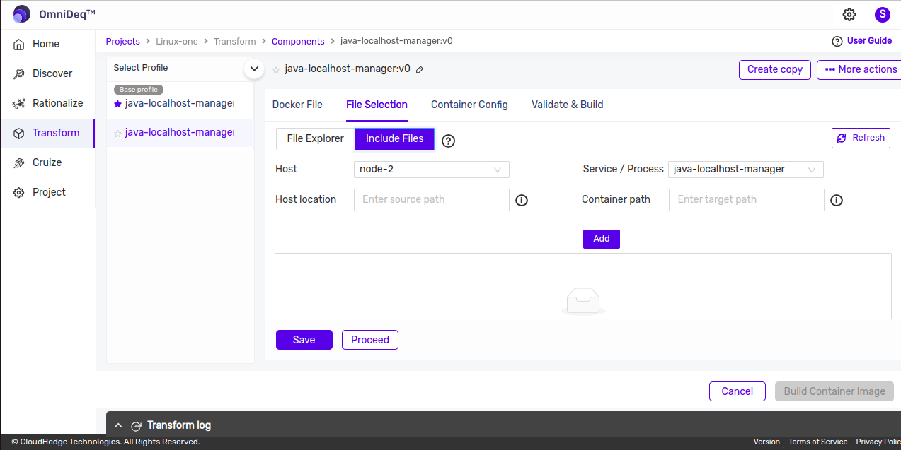 Transform Include Files tab