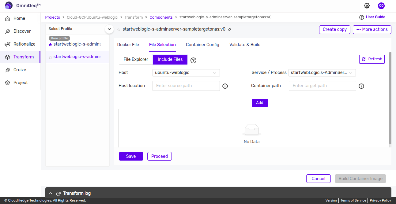Transform Include Files tab