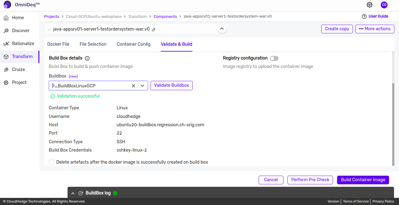 Transform Validate and Build tab
