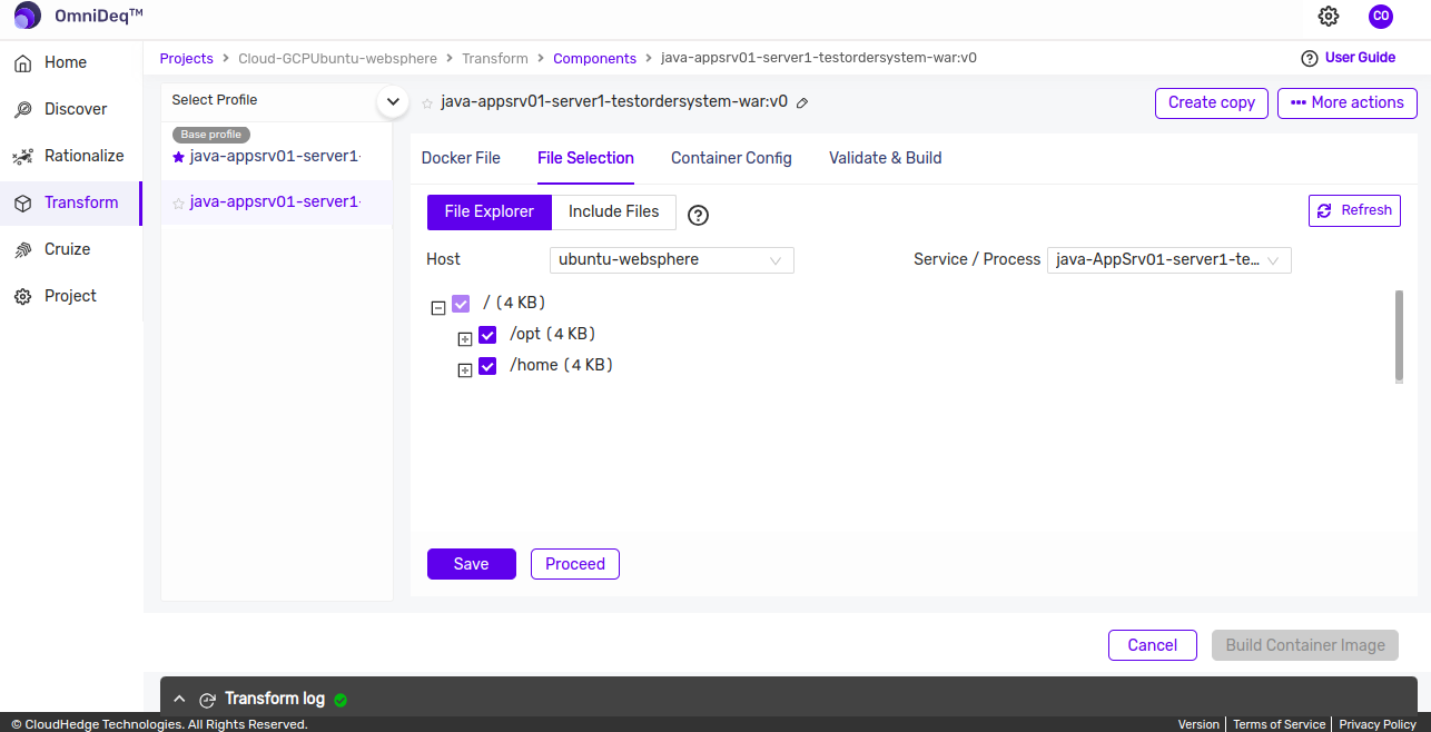 Transform Include Files tab